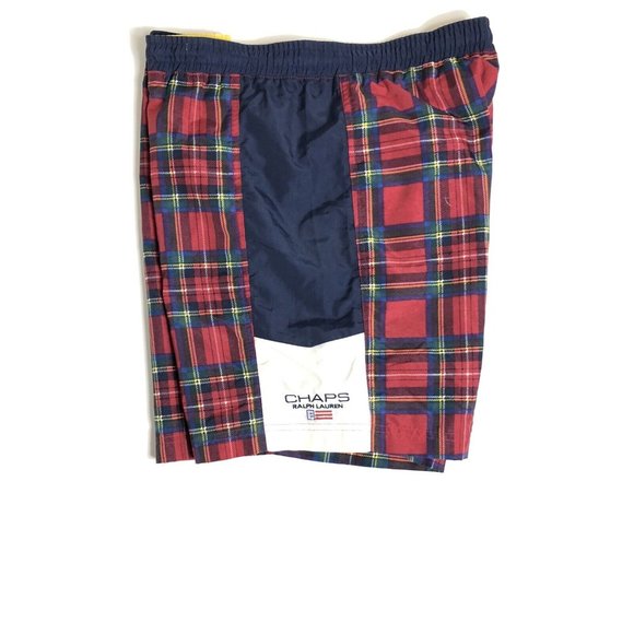 Vintage CHAPS RALPH LAUREN Navy Blue Red Plaid Swim Trunks LINED | Mens Sz M J49 - Picture 2 of 5